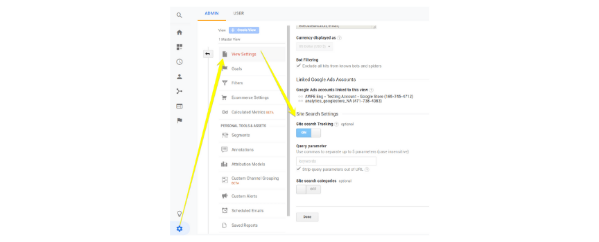 A screenshot of how to enable site search in Google Analytics