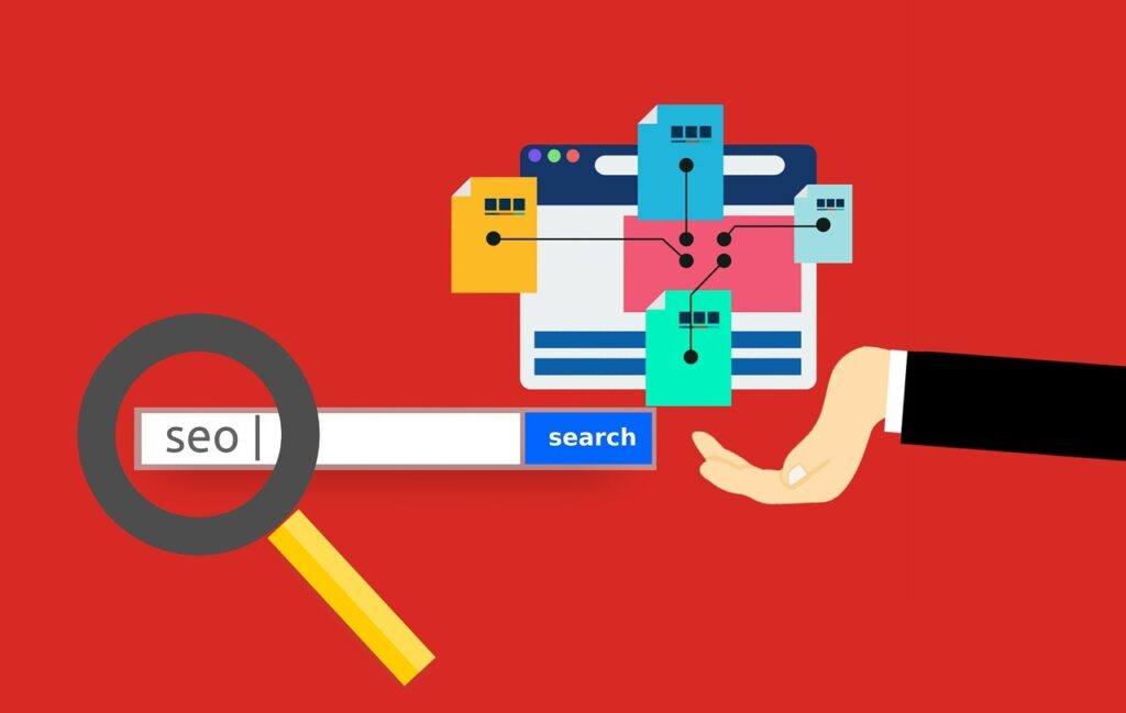 Illustration of SEO concept with a magnifying glass over 'SEO' search bar, interconnected files on a web page, and a hand presenting the setup on a red background.