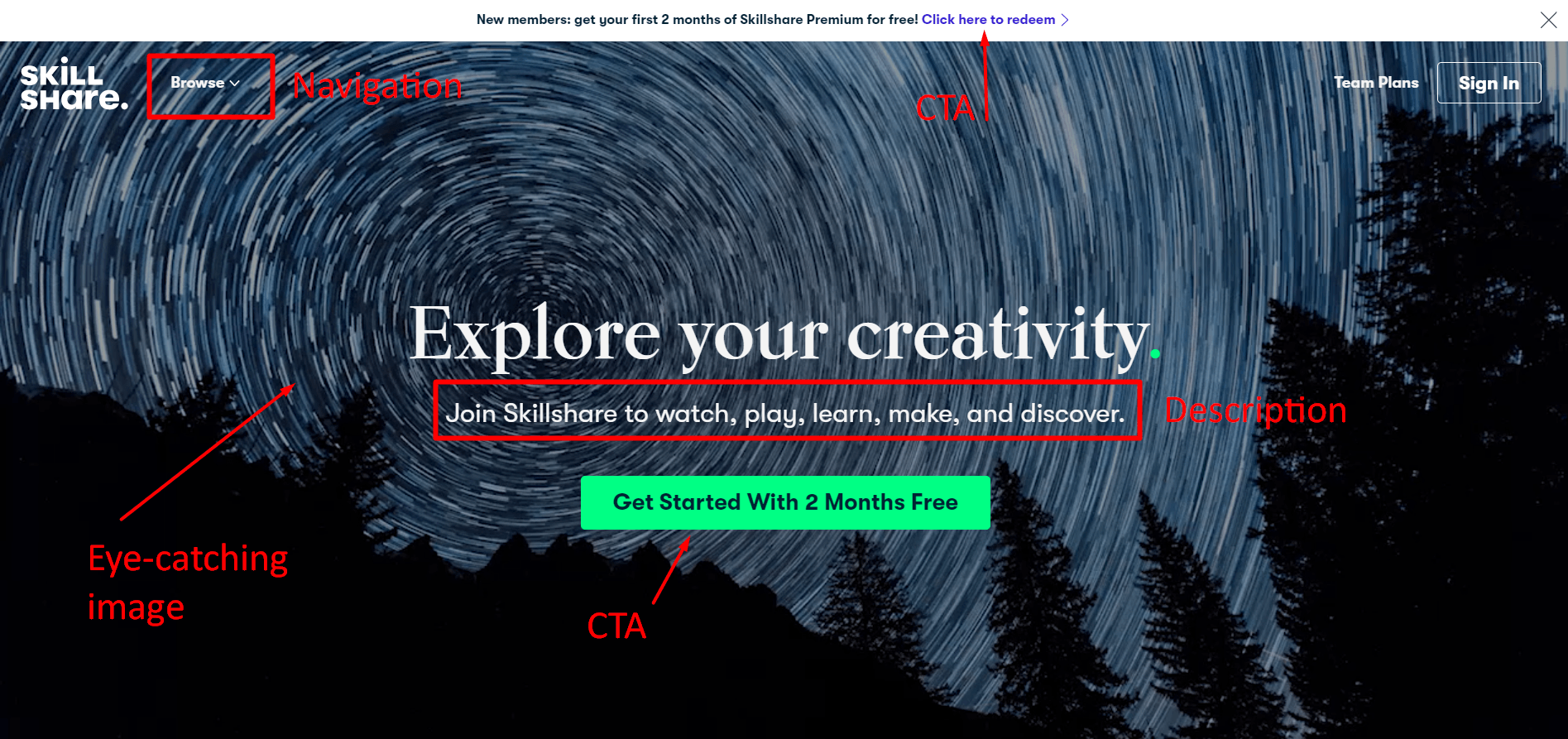 Skillshare homepage with star trails, creativity headline, subtitle, and green Get Started button highlighted