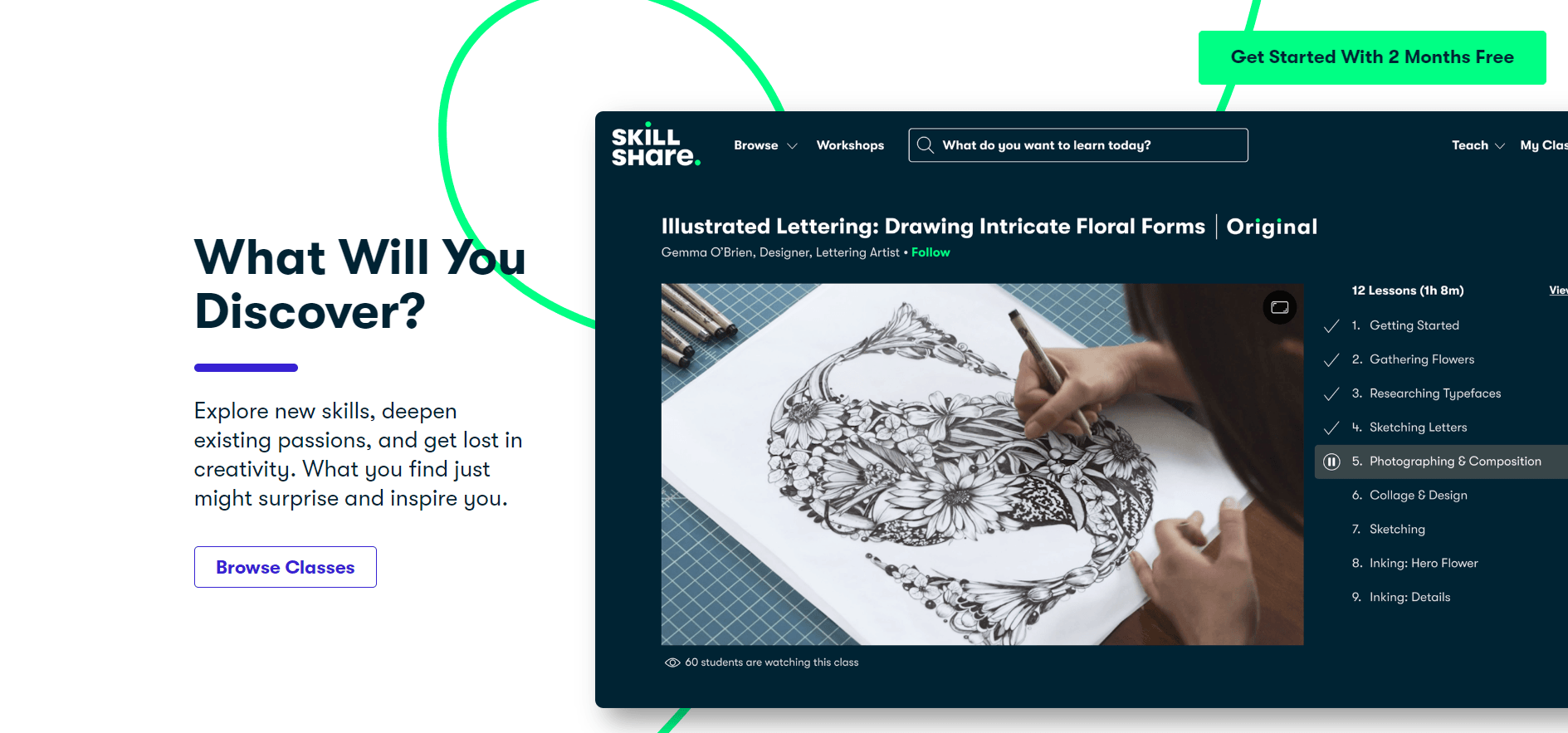 Skillshare discovery section with Browse Classes button and floral lettering class preview with lesson list