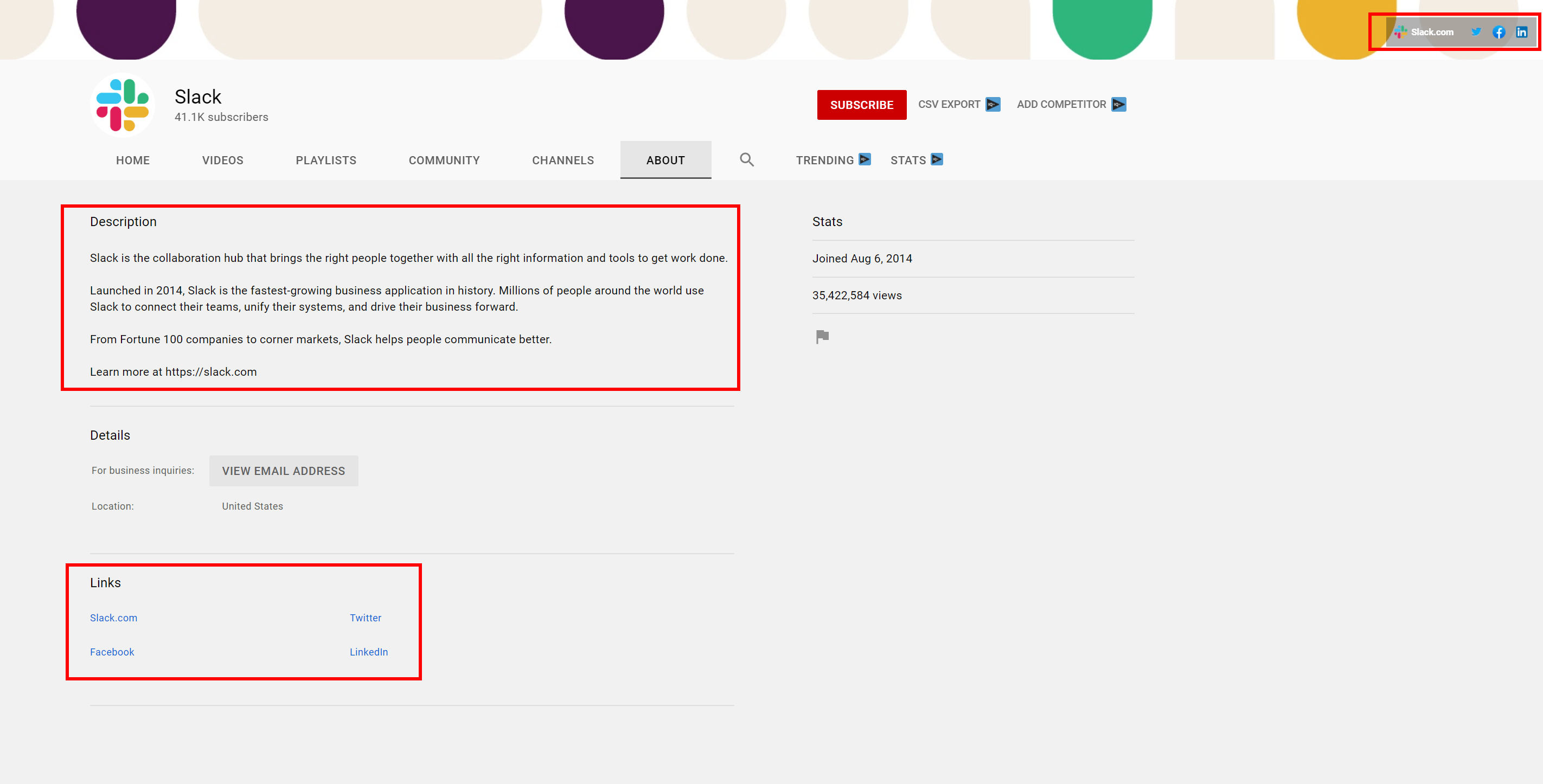 Business chat company Slack's YouTube channel featuring links to its other social medias on its About page