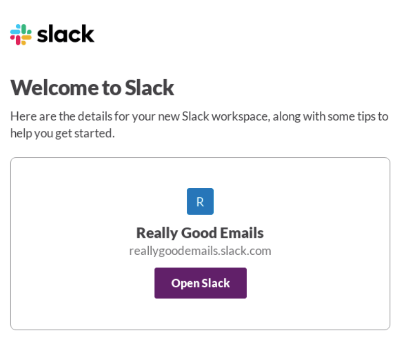 Slack's welcome email for new members