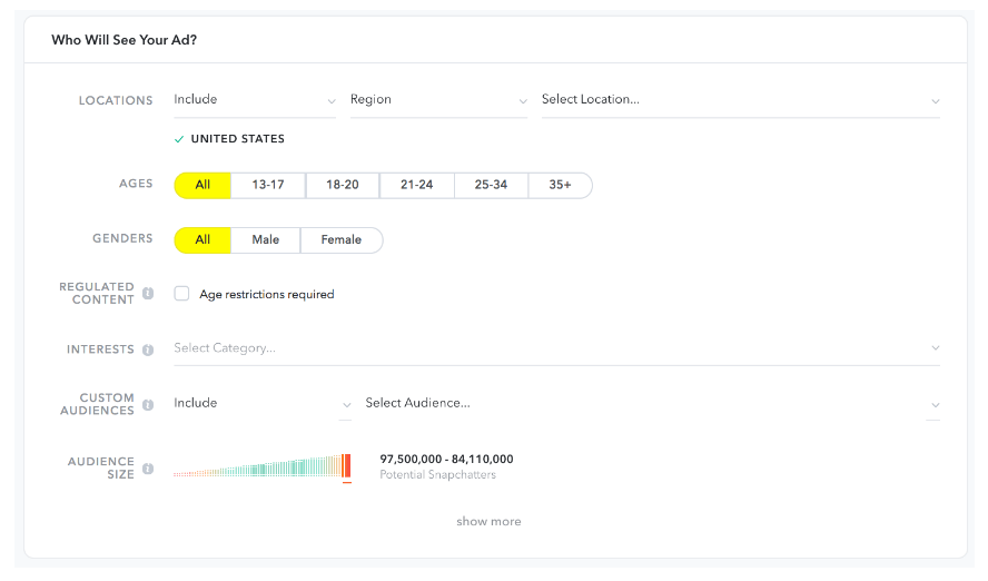 The settings for Snapchat ad demographics