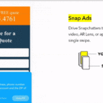 Animated GIF switching between two ad layouts. First layout: A call-to-action for a free quote with a form to fill out and an option to auto-fill using Snapchat. Second layout: An explanation of Snap Ads with an illustration of a mobile phone indicating where the ad appears in Snapchat stories.