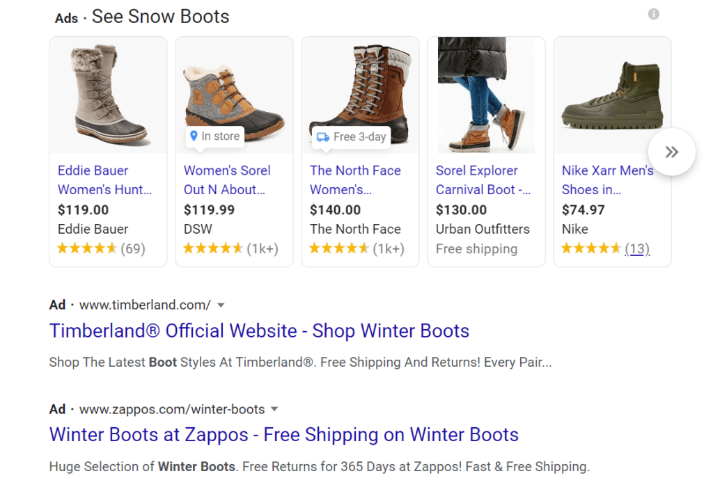 Ads on Google for snow boots