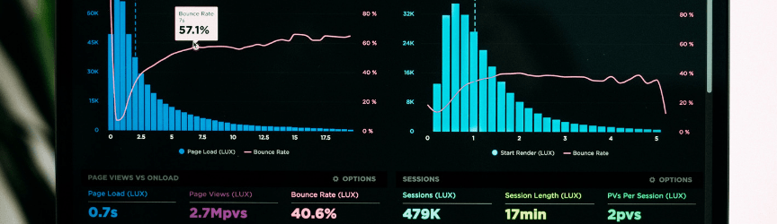 Analytics dashboard on a computer screen showing graphs of page load times, bounce rates, start render times, and session metrics. The left graph shows the relationship between page load times and bounce rates, while the right graph relates start render times to bounce rates. Below the graphs are numerical metrics for page views, sessions, and user engagement.