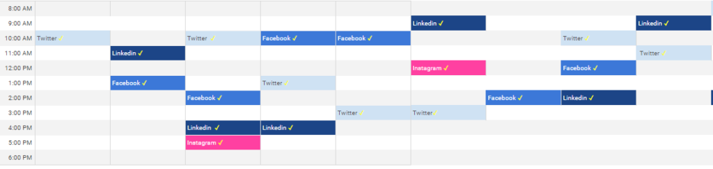 A weekly social media schedule with time slots from 8:00 AM to 6:00 PM. Colored blocks represent scheduled posts for LinkedIn (blue), Twitter (light blue), Facebook (dark blue), and Instagram (pink), with some blocks marked with a checkmark indicating completion.