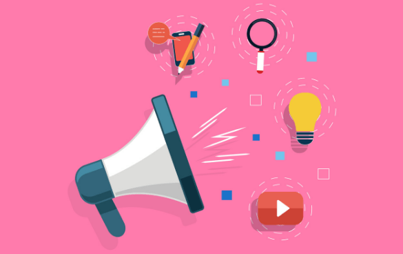 A megaphone, a smartphone, a magnifying glass, a lightbulb, and a video play button sit on top of a pink background