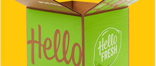 Open HelloFresh meal kit delivery box with the company's logo visible on the side.