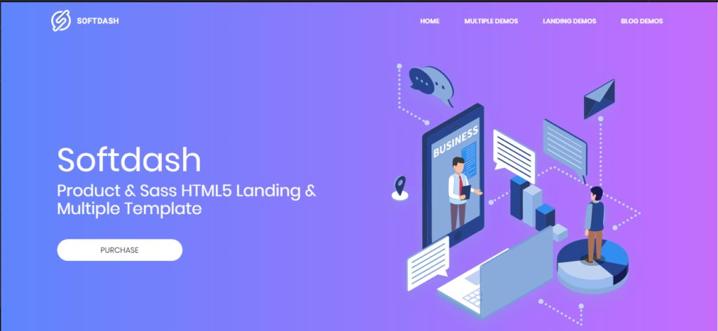 Illustration of a tech company landing page for 'Softdash' with navigation links, a purchase button, and isometric graphics of people interacting with digital elements like business charts and chat bubbles in a purple and blue color scheme.