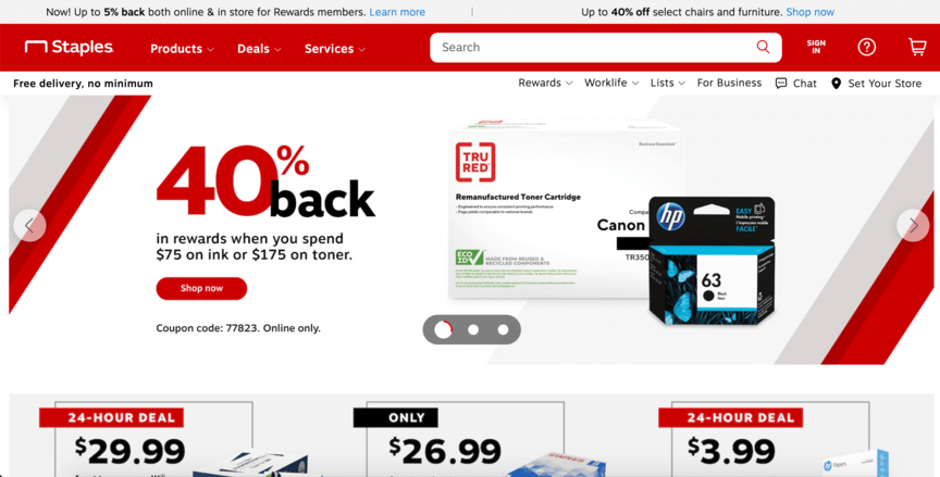 Staples home page on desktop device.