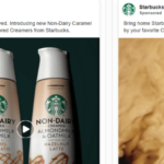 Advertisement for Starbucks non-dairy creamers, featuring two bottles labeled as Almondmilk & Oatmilk Creamer in Caramel Macchiato and Hazelnut Latte flavors, with a split background of white and golden-brown, and promotional text introducing the new products.