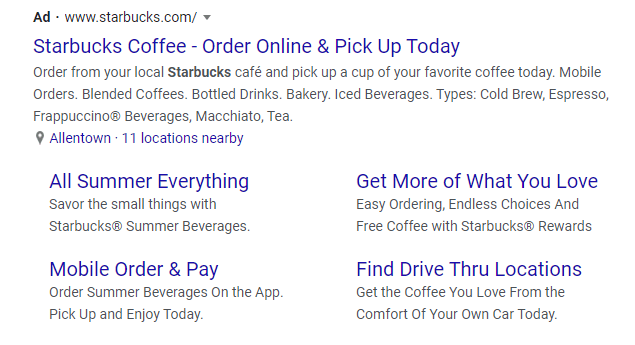 PPC ad with ad extensions for Starbucks