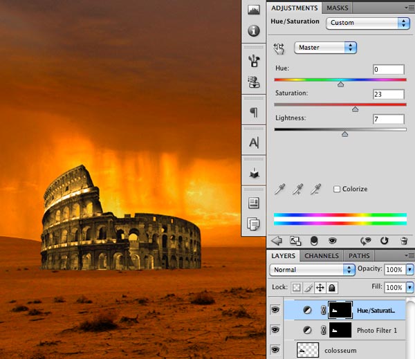 step02 extract and place colosseum in the scene hue saturation adjustment settings