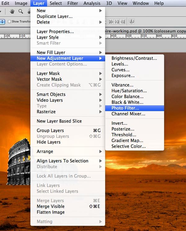 step02 extract and place colosseum in the scene photo filter adjustment layer