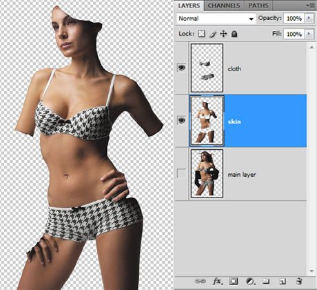 Separate the model's skin areas into a new layer