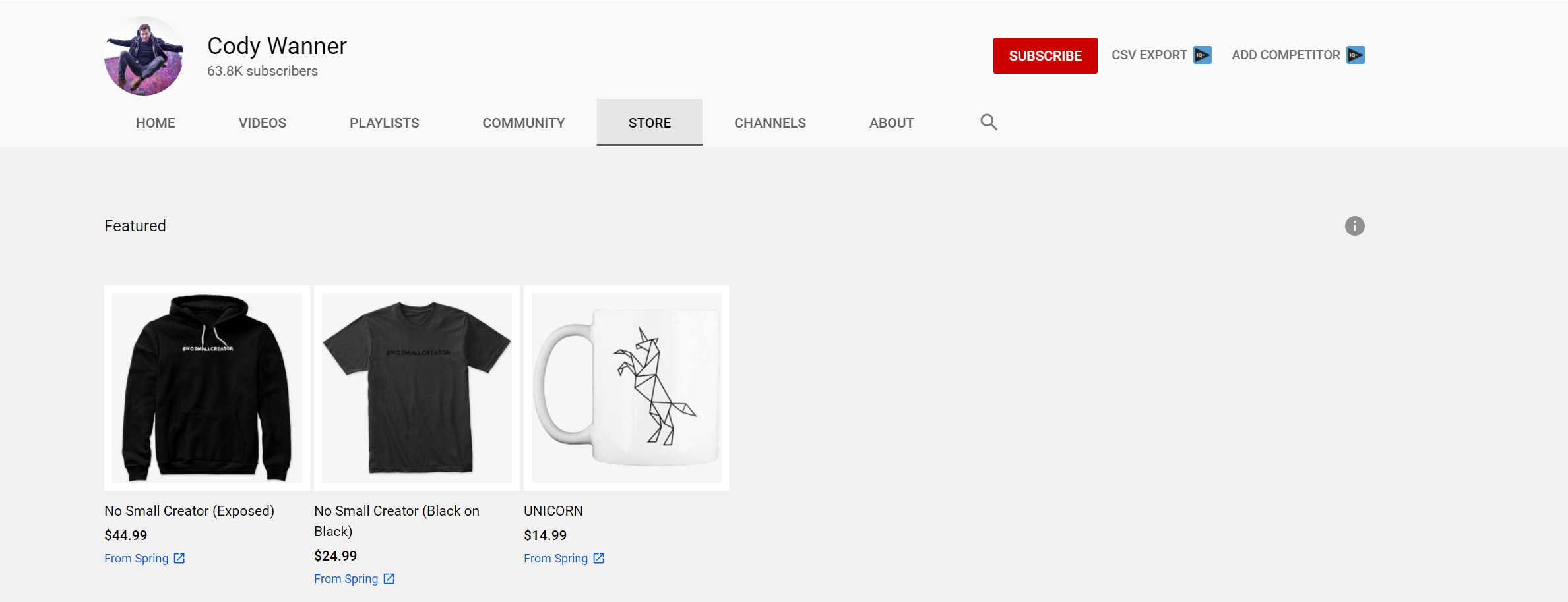 Store tab on a YouTube channel page