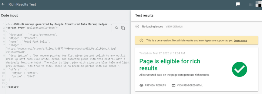 Structured data rich snippet test