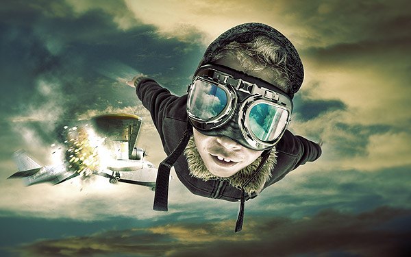 A person in vintage pilot attire with aviator goggles and a bomber jacket appears to be skydiving, with an expression of thrill. Behind them, a small propeller airplane is depicted with smoke and flames coming from one engine, set against a dramatic cloudy sky.