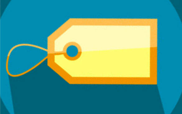 Illustration of a yellow price tag with an orange string on a teal background.