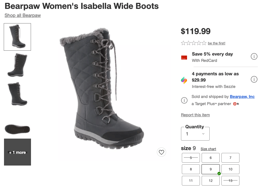 Product listing for boots from Target