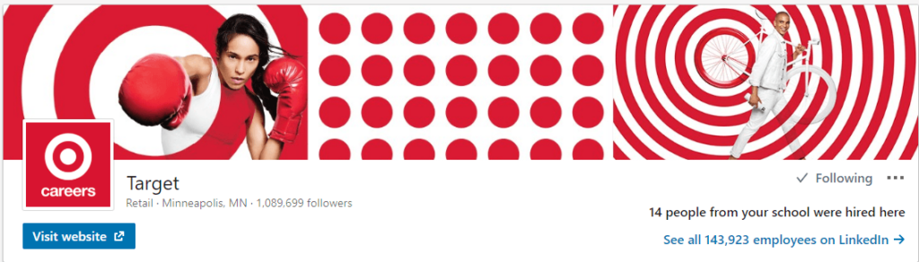 Target careers banner on LinkedIn with a woman wearing boxing gloves and a man holding a bicycle, both in red and white attire, against a background with Target's red and white logo pattern.