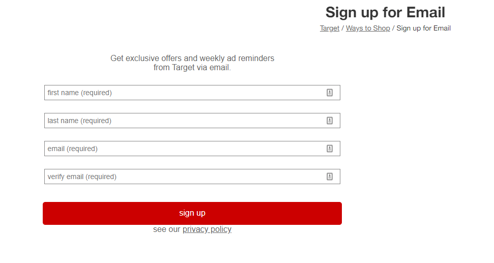 Target email list sign up