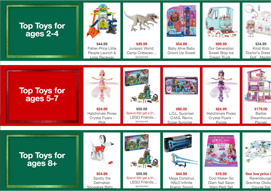 Toy guides by age: top toys for ages 2-4, ages 5-7, and ages 8+.