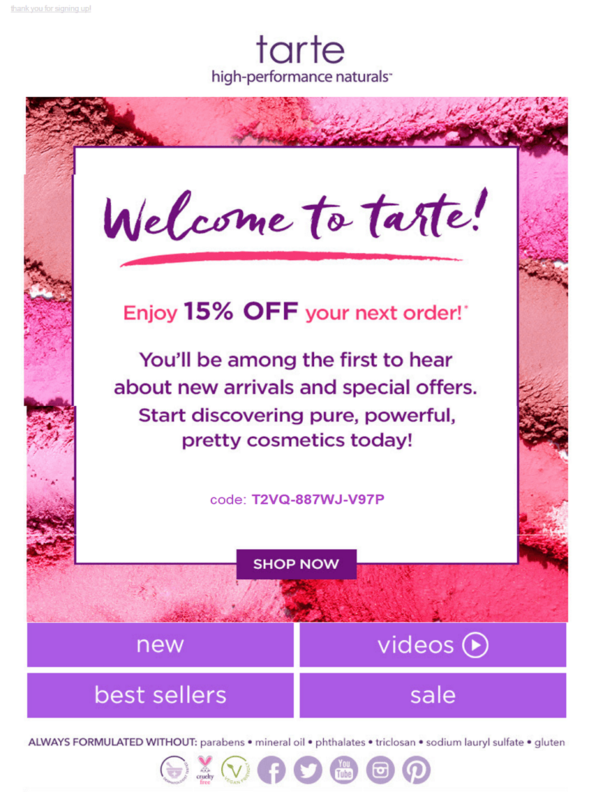 welcome email from Tarte cosmetics with 15% off discount code