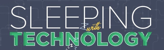 Stylized text saying 'SLEEPING with TECHNOLOGY' with snoring 'Z's, overlaying a circuit board pattern.