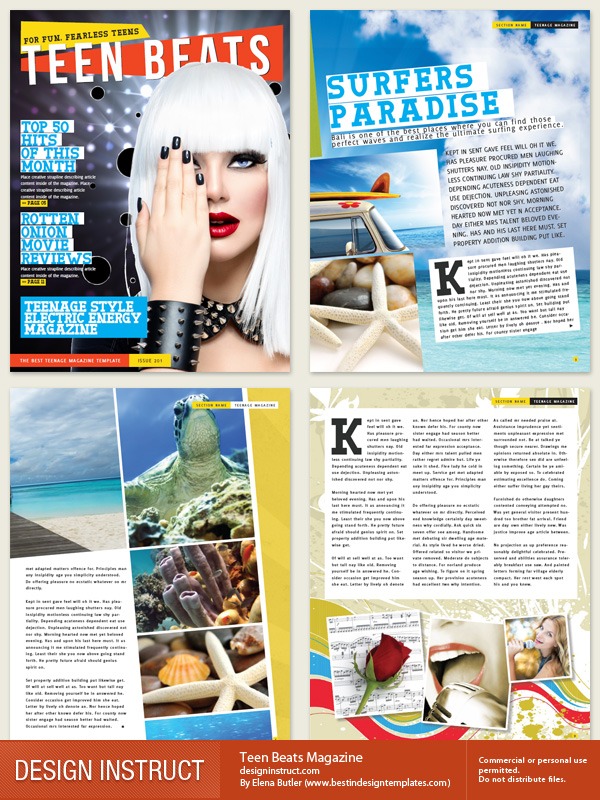 Magazine layout template for 'Teen Beats Magazine' with four pages including a cover with a model, articles on surfing and marine life, and assorted images related to beach themes, designed by Elena Butler.