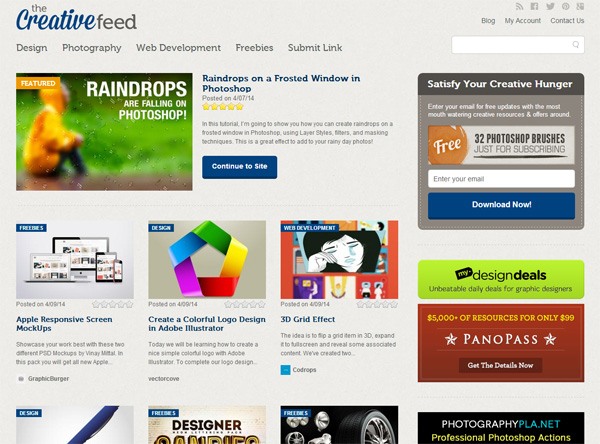 Screenshot of the Creativefeed website featuring design and photography tutorials, articles on web development, and promotional offers for design resources.