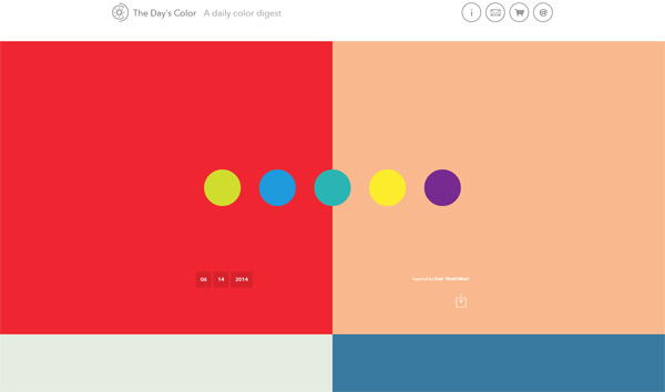 Minimalist web page design featuring 'The Day's Color - A daily color digest' with a split red and peach background, five colored circles representing daily colors, a date, and a credit to Daniel Eatock. Footer bars are grey and blue.