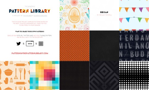 A collage of diverse patterns including geometric shapes, abstract color blends, kitchen utensils, and city names typography, with a central logo for 'The Pattern Library' and a website address.