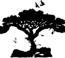 Optical illusion of a black tree silhouette with birds against a white background, which also forms the profiles of two faces looking at each other.