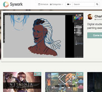 A digital art application interface with an in-progress portrait of a stylized character, surrounded by thumbnails of other artworks.