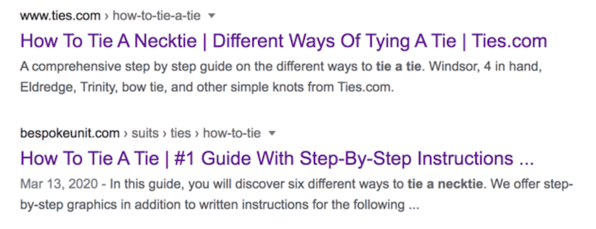 Screenshot of two web search results for tying a necktie. The first from Ties.com offers a guide on various tie knots. The second from Bespokeunit.com provides a step-by-step tying guide.