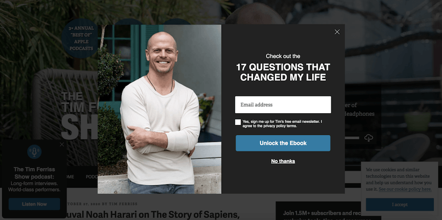 Email subscription popup on Tim Ferriss's website