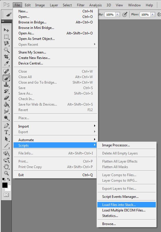 Screenshot of the 'File' dropdown menu in an image editing software with options for file management and automation tasks, including an expanded 'Automate' submenu with various processing and scripting options.