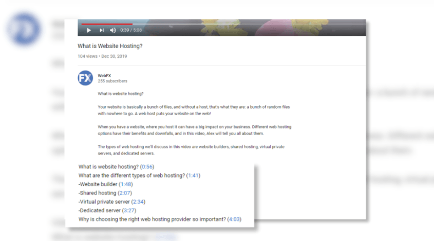 A description of a WebFX YouTube video for website hosting with timestamps for different sections