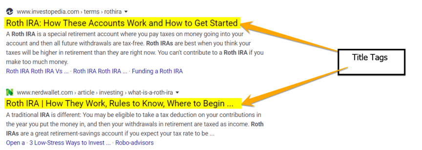 Examples of title tags in SERPs