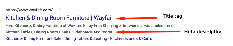 Listing for Wayfair showcasing the title tag and meta description