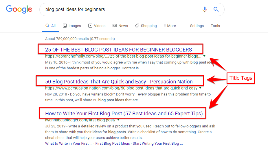 examples of title tags in search results