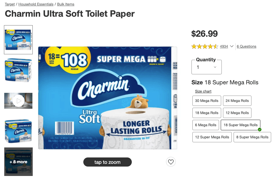 Toilet paper listing from Target