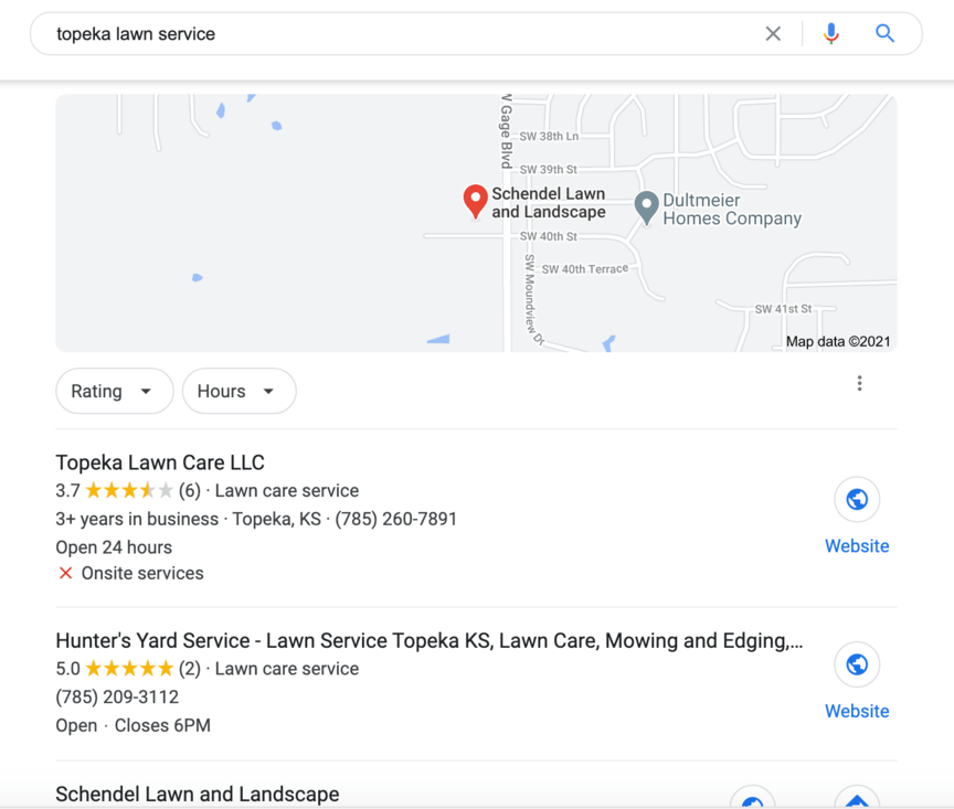 Local Search Results Example for a lawn service 