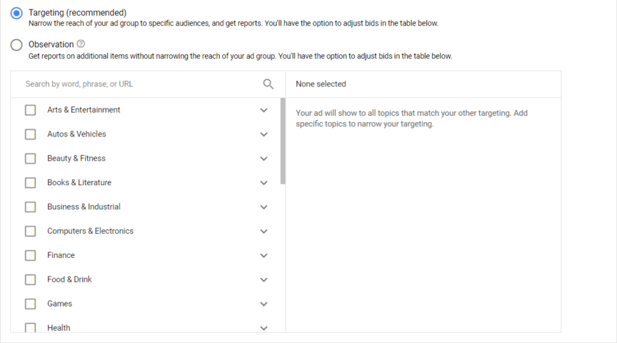A screenshot of selecting topics in Google Ads