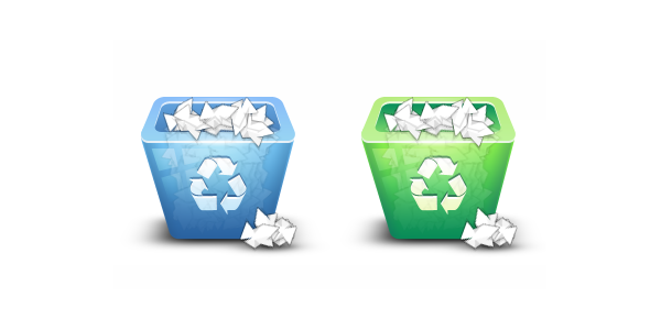 Two recycling bins, one blue and one green, filled with crumpled paper and the recycling symbol on the front, with additional crumpled papers on the ground around them.