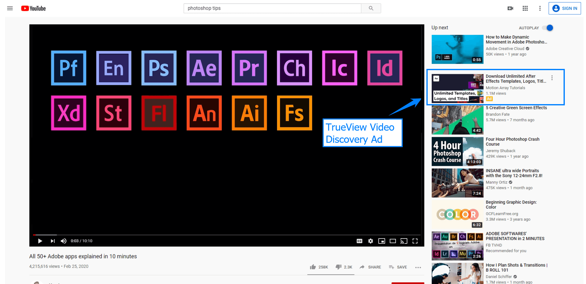 A TrueView video discovery ad on a YouTube watch page