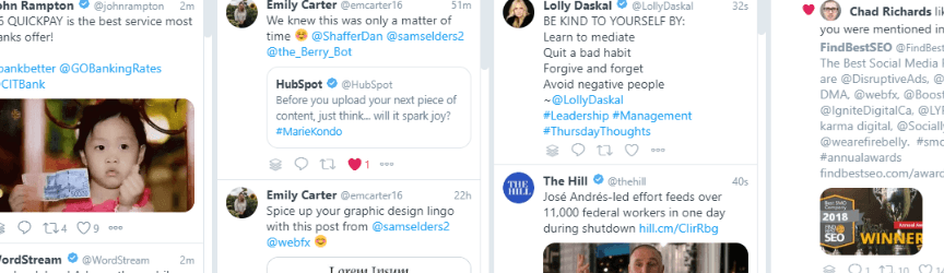 Screenshot of a Twitter feed featuring a variety of posts including a financial service promotion, a Marie Kondo-inspired tweet by HubSpot, a graphic design tip, a self-care quote by Lolly Daskal, and a news update from The Hill about a charitable effort.