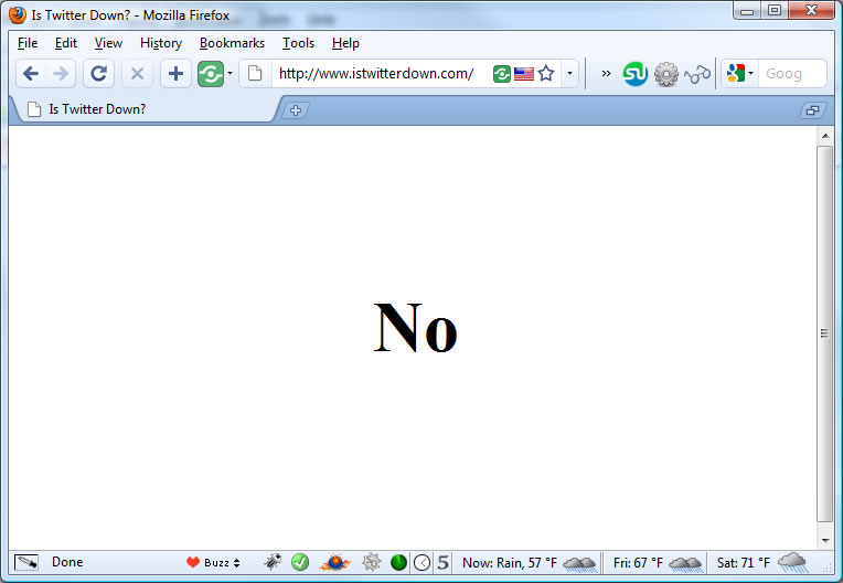 Screenshot of a web browser showing the 'Is Twitter Down?' website with a large 'No' indicating Twitter is not down. The URL 'http://www.istwitterdown.com/' is visible in the address bar, and a weather forecast is shown in the browser's status bar.